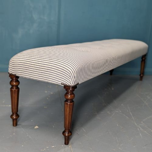 newly upholstered 6ft buttoned ticking long stool - CATEGORY: ANTIQUE STOOLS - DATED 19TH CENTURY