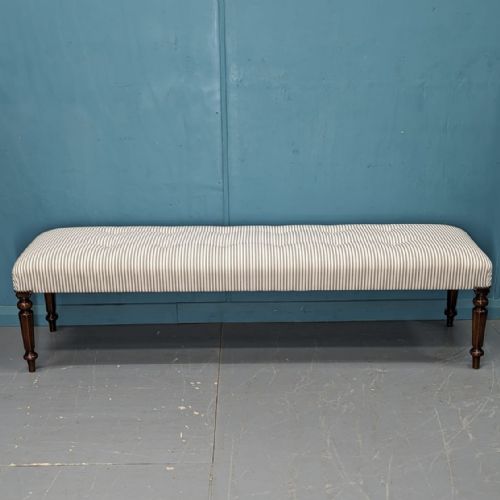 NEWLY UPHOLSTERED 6FT BUTTONED TICKING LONG STOOL - ADDITIONAL PHOTO 6