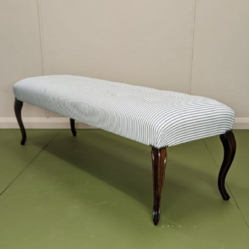 5ft longstool in ticking stripes on cabriole legs - CATEGORY: ANTIQUE STOOLS - DATED 19TH CENTURY