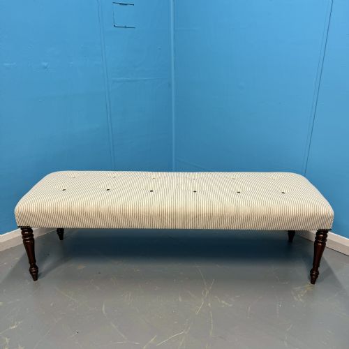 5 long stool in buttoned ticking stripes - CATEGORY: ANTIQUE STOOLS - DATED 19TH CENTURY