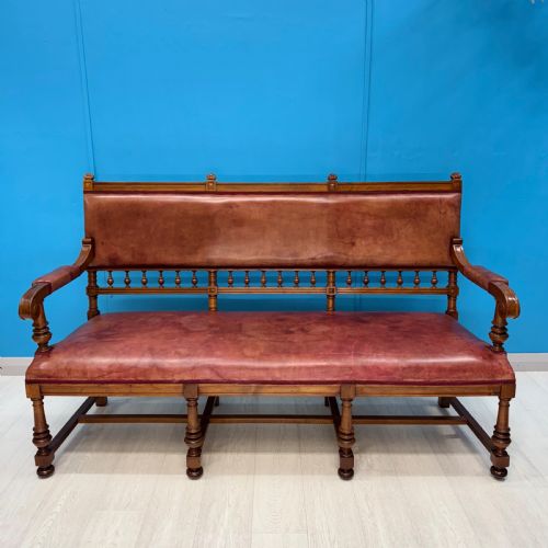 FRENCH CHERRYWOOD LEATHER BENCH SETTLE - ADDITIONAL PHOTO 1