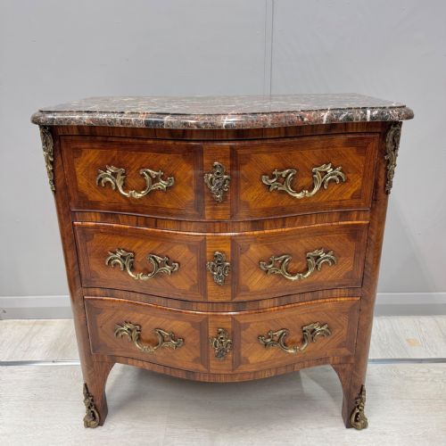 small french inlaid serpentine commode with marble - CATEGORY: ANTIQUE CHEST OF DRAWERS - DATED 1890