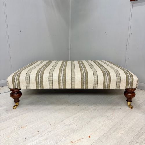 LARGE LOW ANTIQUE OTTOMAN STOOL IN LINEN STRIPES - ADDITIONAL PHOTO 1
