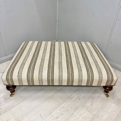 LARGE LOW ANTIQUE OTTOMAN STOOL IN LINEN STRIPES - ADDITIONAL PHOTO 5