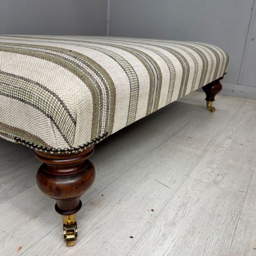 LARGE LOW ANTIQUE OTTOMAN STOOL IN LINEN STRIPES - ADDITIONAL PHOTO 6
