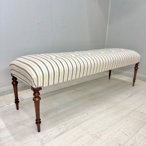 19th century long stool in buttoned ticking stripes - CATEGORY: ANTIQUE STOOLS - DATED 19TH CENTURY