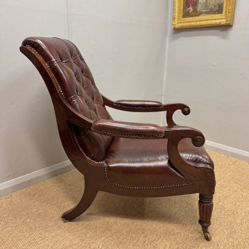 GEORGIAN BUTTONED LEATHER LIBRARY ARMCHAIR - ADDITIONAL PHOTO 4