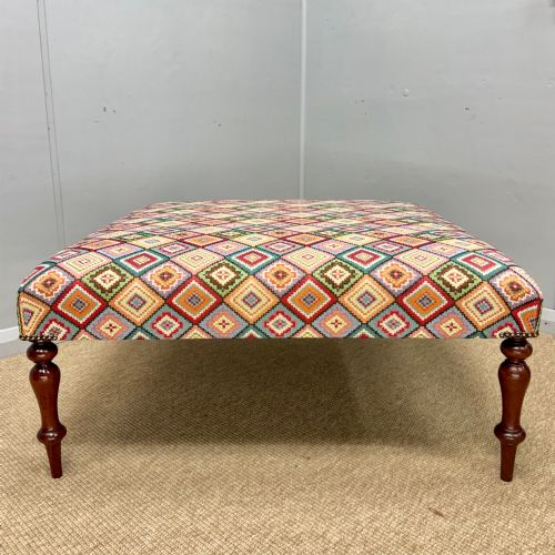 newly upholstered 100cm square geometric pattern footstool - CATEGORY: ANTIQUE STOOLS - DATED 19TH CENTURY