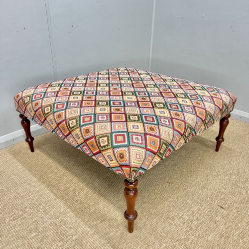 NEWLY UPHOLSTERED 100CM SQUARE GEOMETRIC PATTERN FOOTSTOOL - ADDITIONAL PHOTO 1