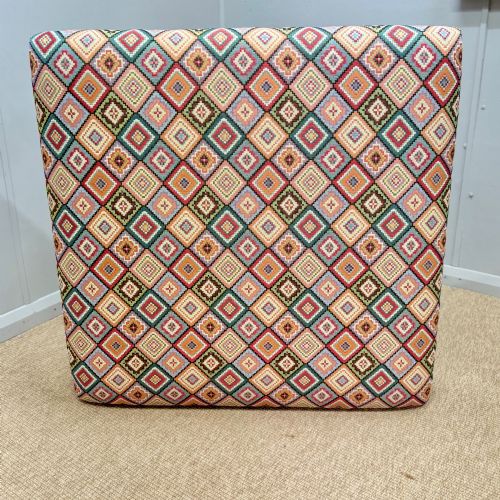 NEWLY UPHOLSTERED 100CM SQUARE GEOMETRIC PATTERN FOOTSTOOL - ADDITIONAL PHOTO 4