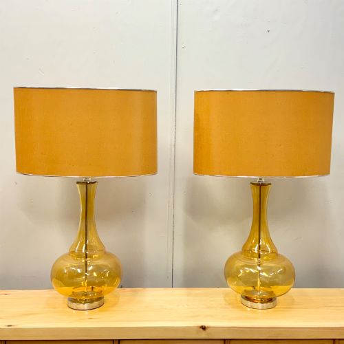 Pair of Amber Glass Lamps with Silk Shades