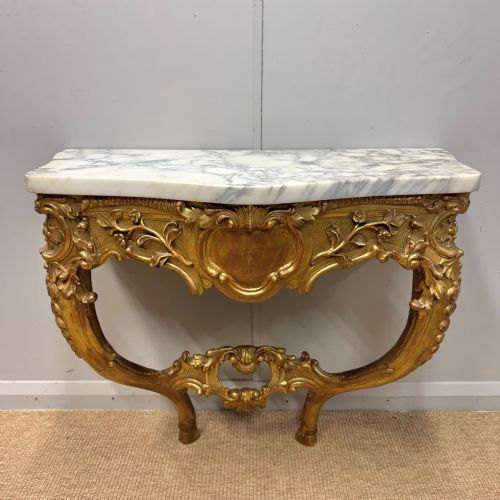 French Louis XV style marble top gilt console table