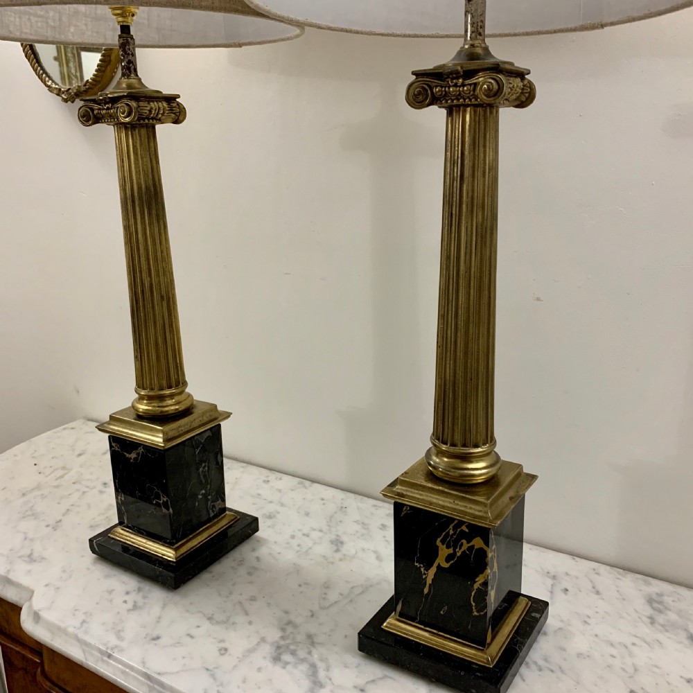 Pair of brass and marble corinthian column lamps View III