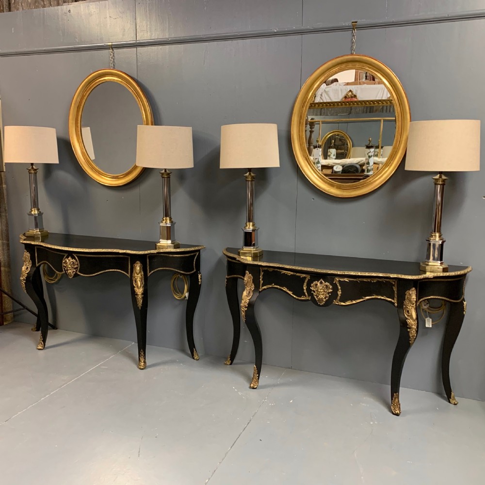 Pair of French ebonised console tables with brass mounts View XI