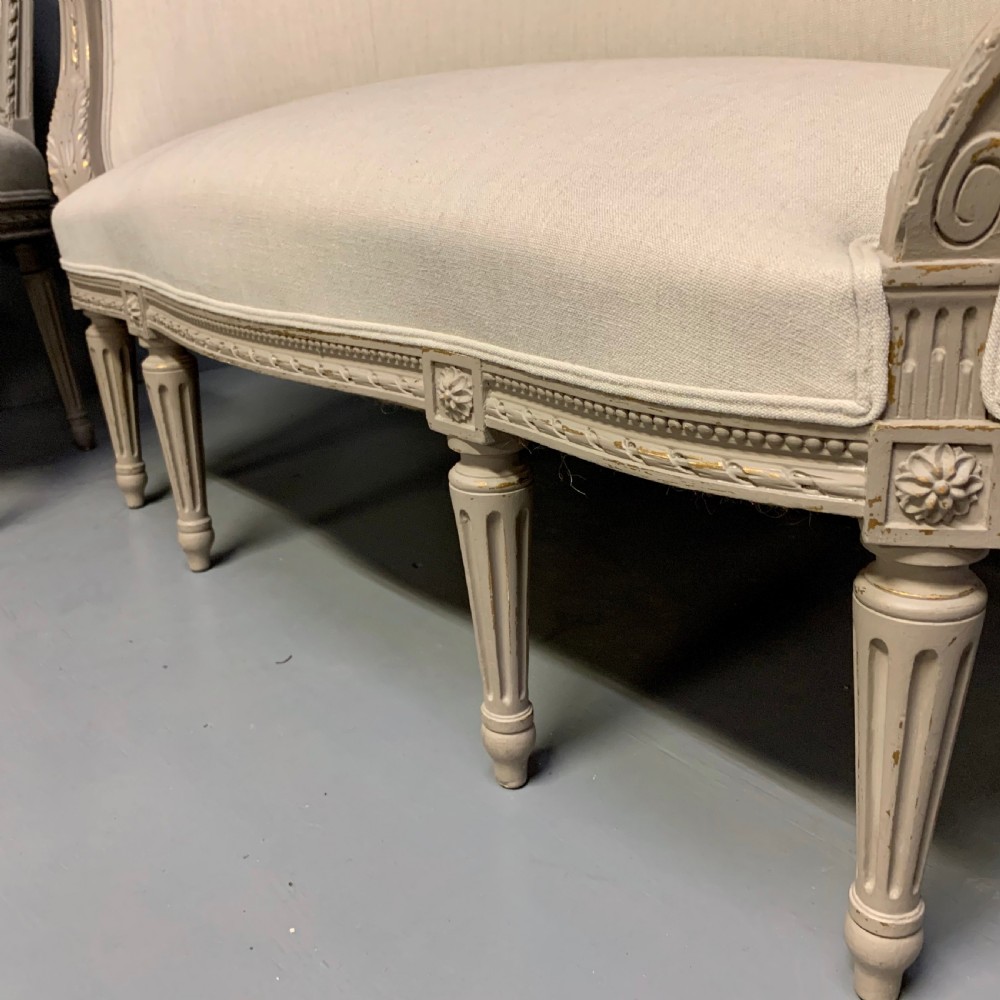 Newly upholstered French 2 seater and pair of chairs View VII