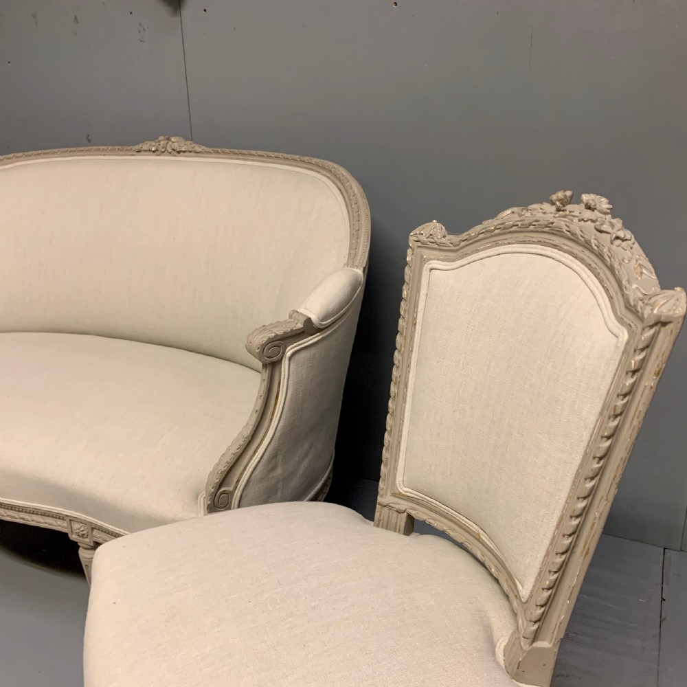 Newly upholstered French 2 seater and pair of chairs View X