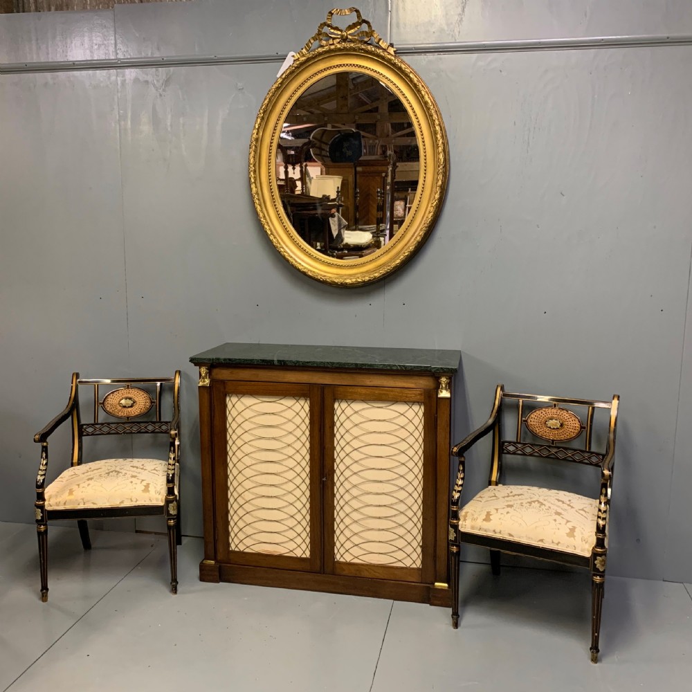 Pair of black lacquered and decorated elbow chairs View II