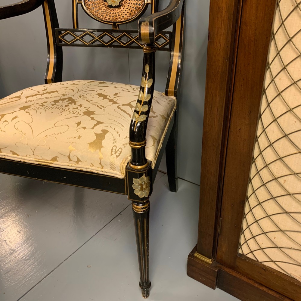 Pair of black lacquered and decorated elbow chairs View VIII