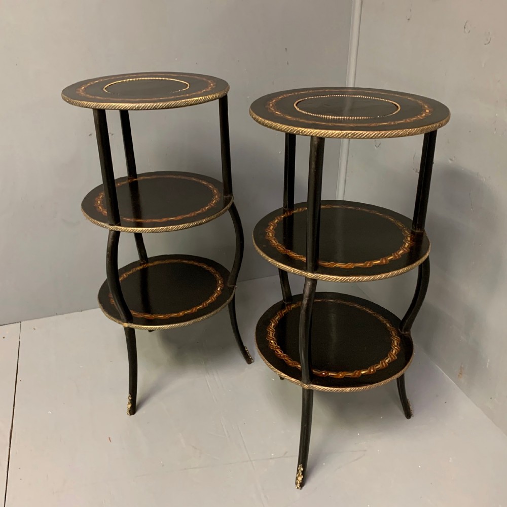 Pair of black lacquered and mother of pearl etagere side tables