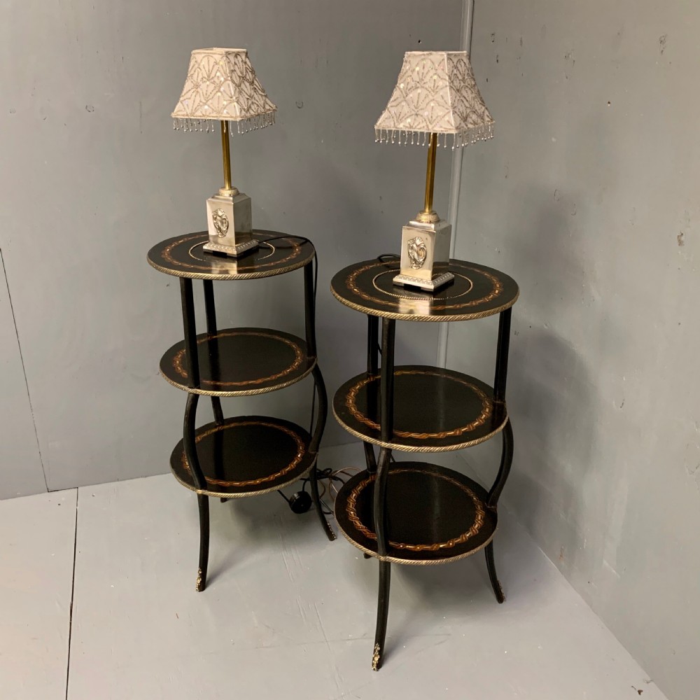 Pair of black lacquered and mother of pearl etagere side tables View II