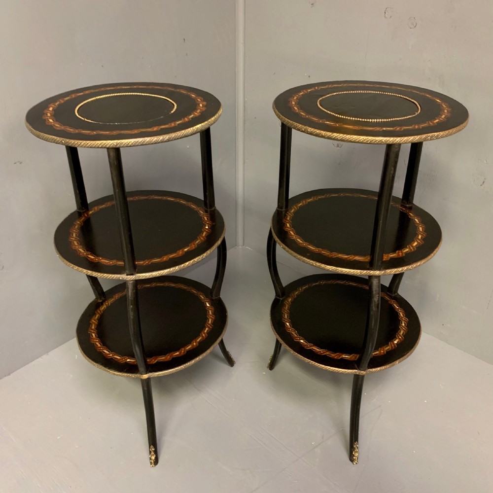 Pair of black lacquered and mother of pearl etagere side tables View III