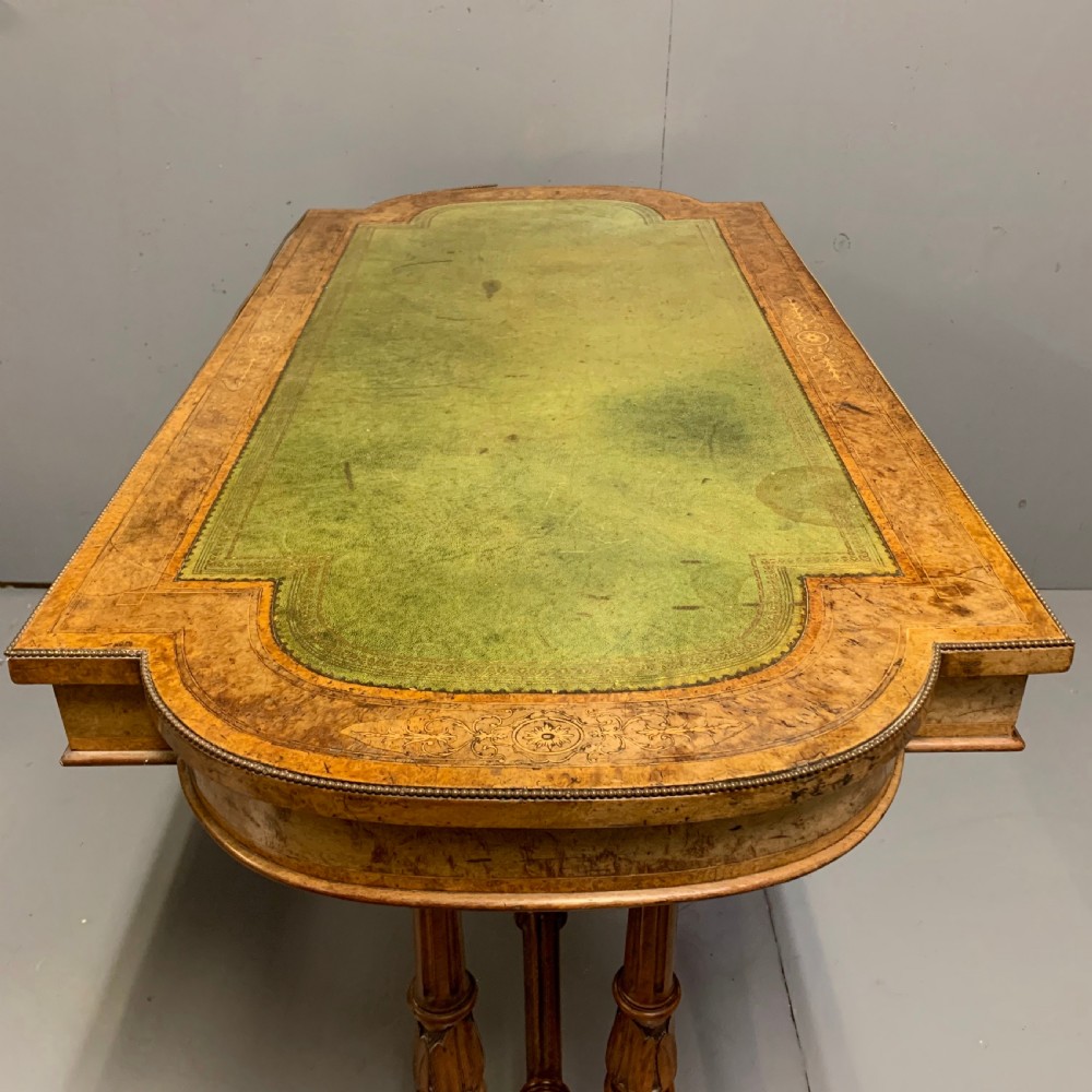 19th century burr walnut & amboyna writing table with sage leather View VII