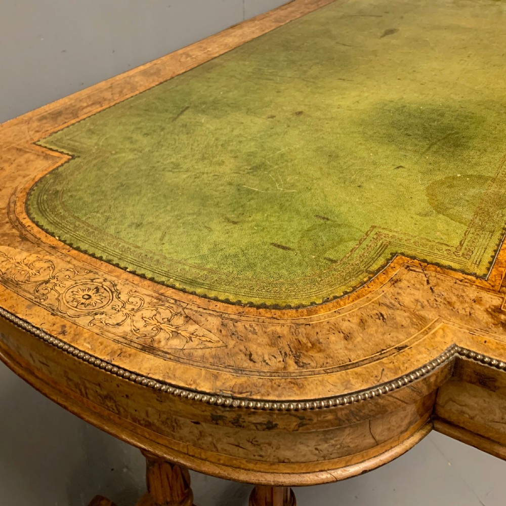 19th century burr walnut & amboyna writing table with sage leather View VIII