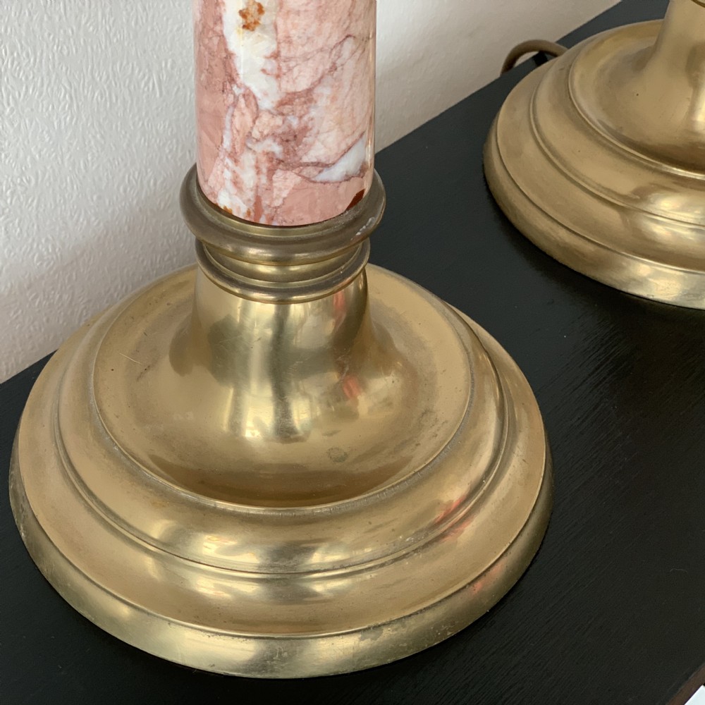 Pair of rouge marble and brass table lamps View V