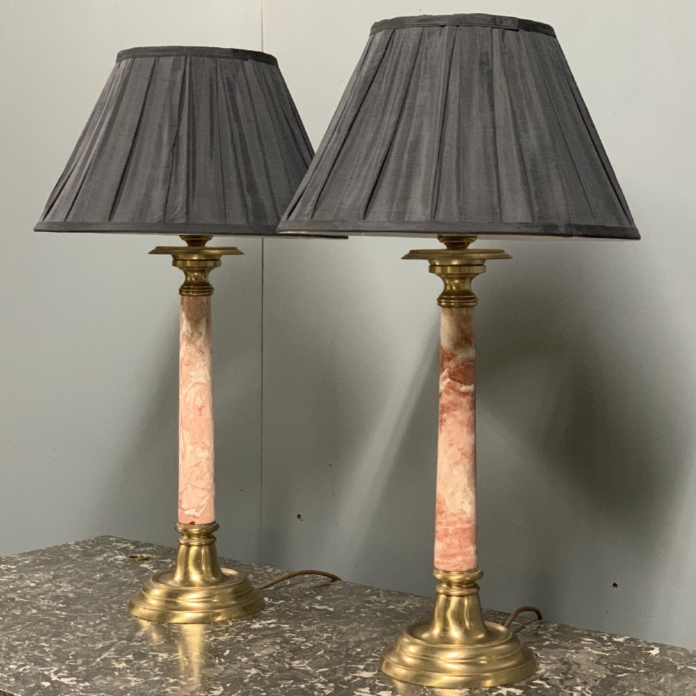 Pair of rouge marble and brass table lamps View VI