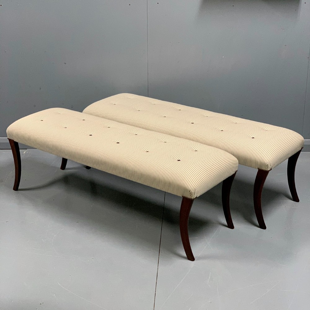 Pair of 5' Regency long stools in buttoned ticking View II