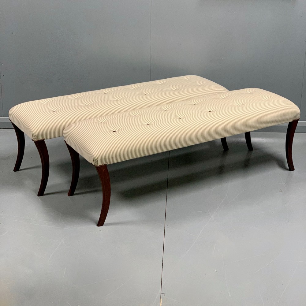 Pair of 5' Regency long stools in buttoned ticking View IV