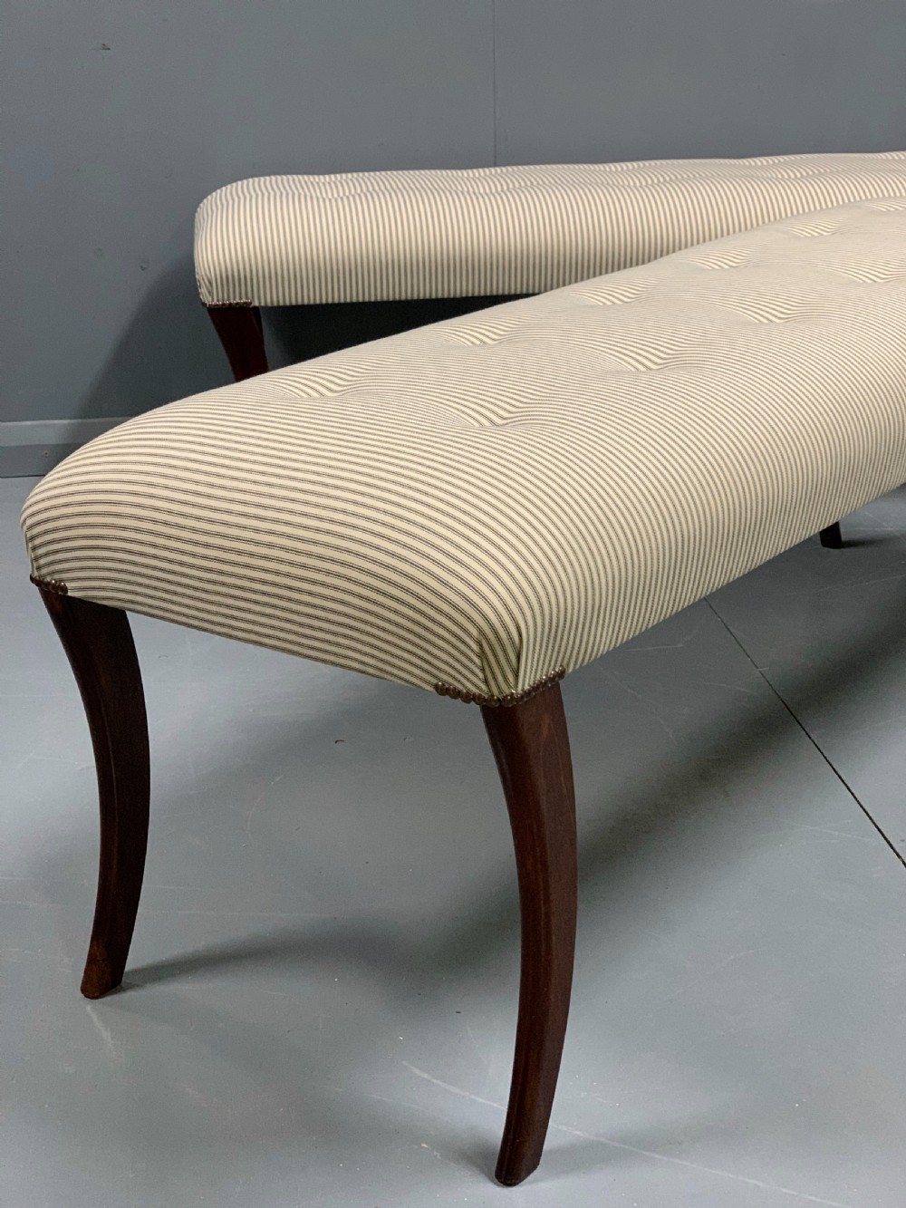 Pair of 5' Regency long stools in buttoned ticking View V