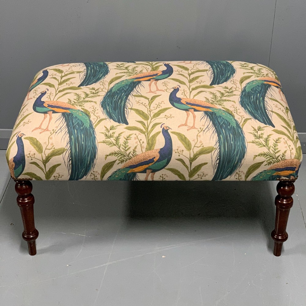 Regency centre footstool with new peacock upholstery View III