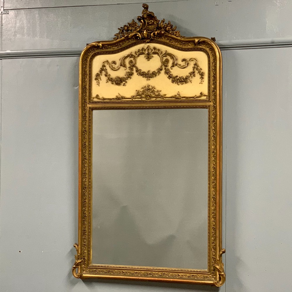 c19th French paint and gilt trumeau mirror