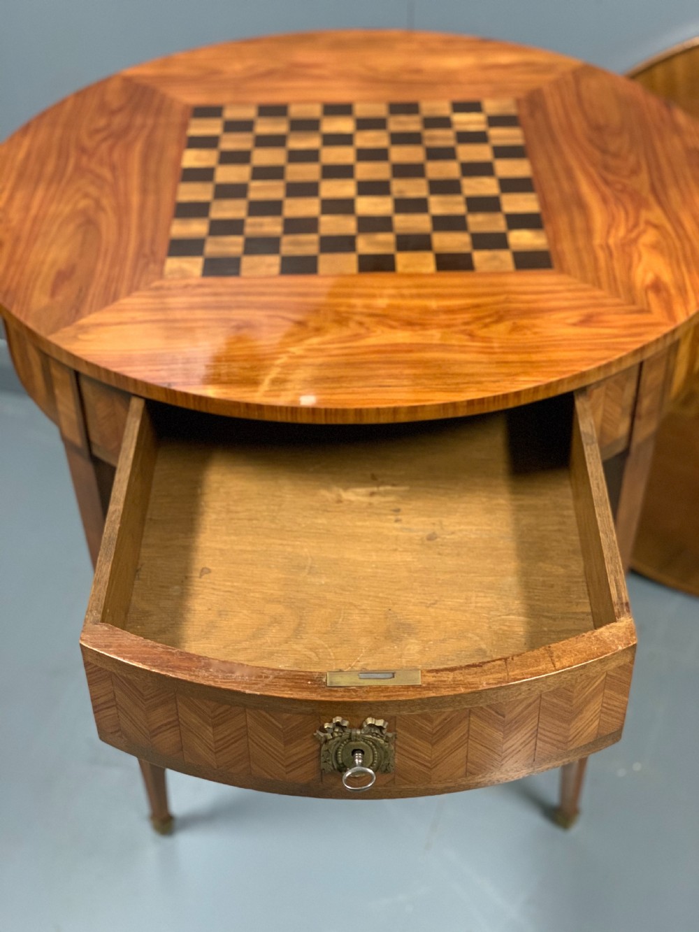 French tulipwood and marquetry games centre table  View V