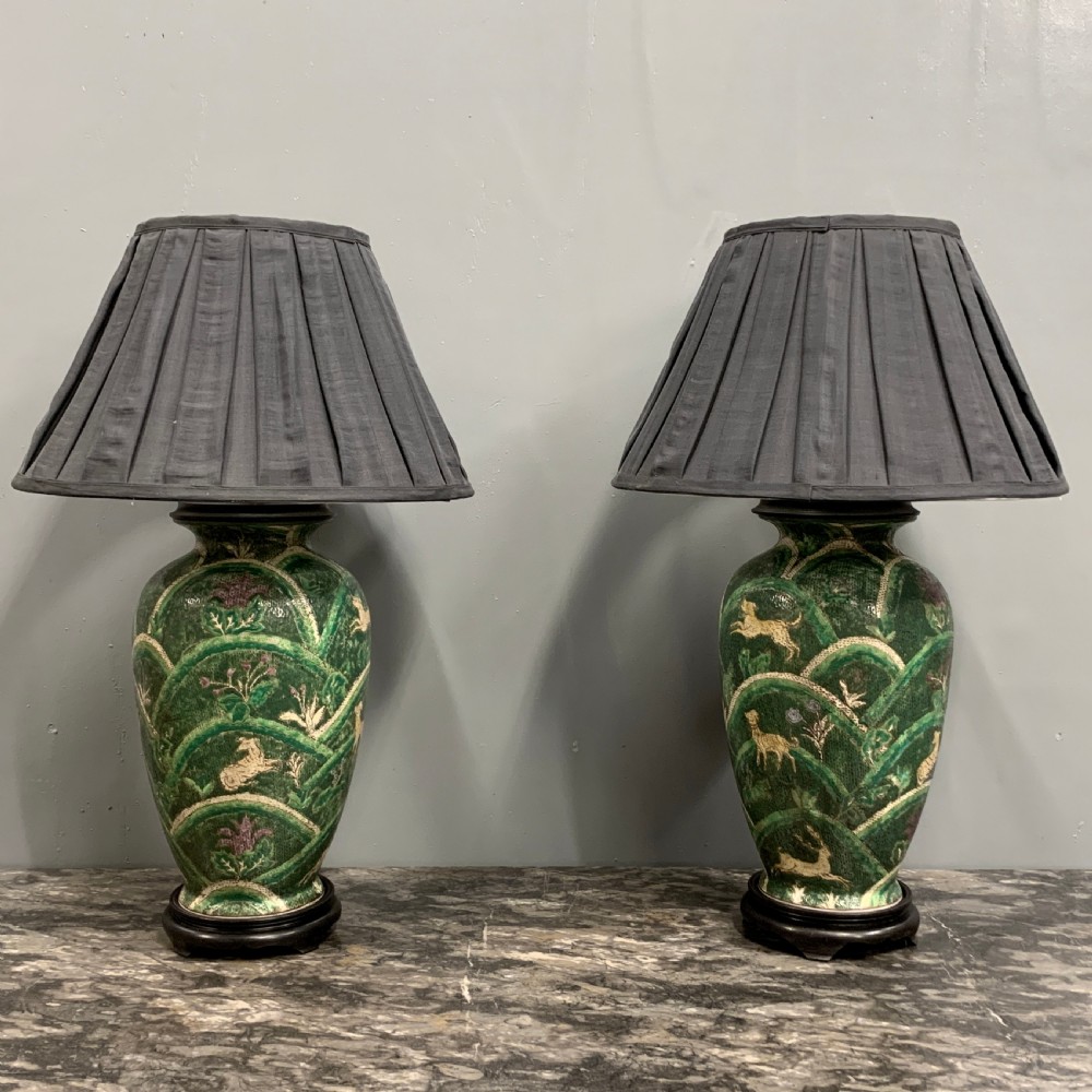 Pair of bulbous Oriental ceramic lamps View III