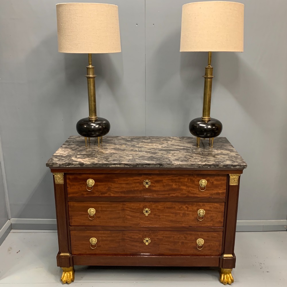 Pair of bulbous ebonised and brass lamps  View II