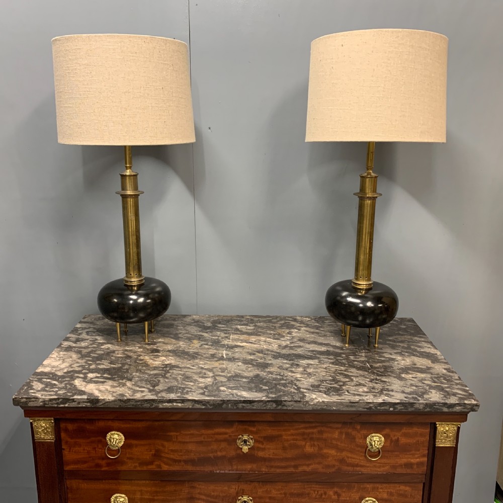 Pair of bulbous ebonised and brass lamps  View III