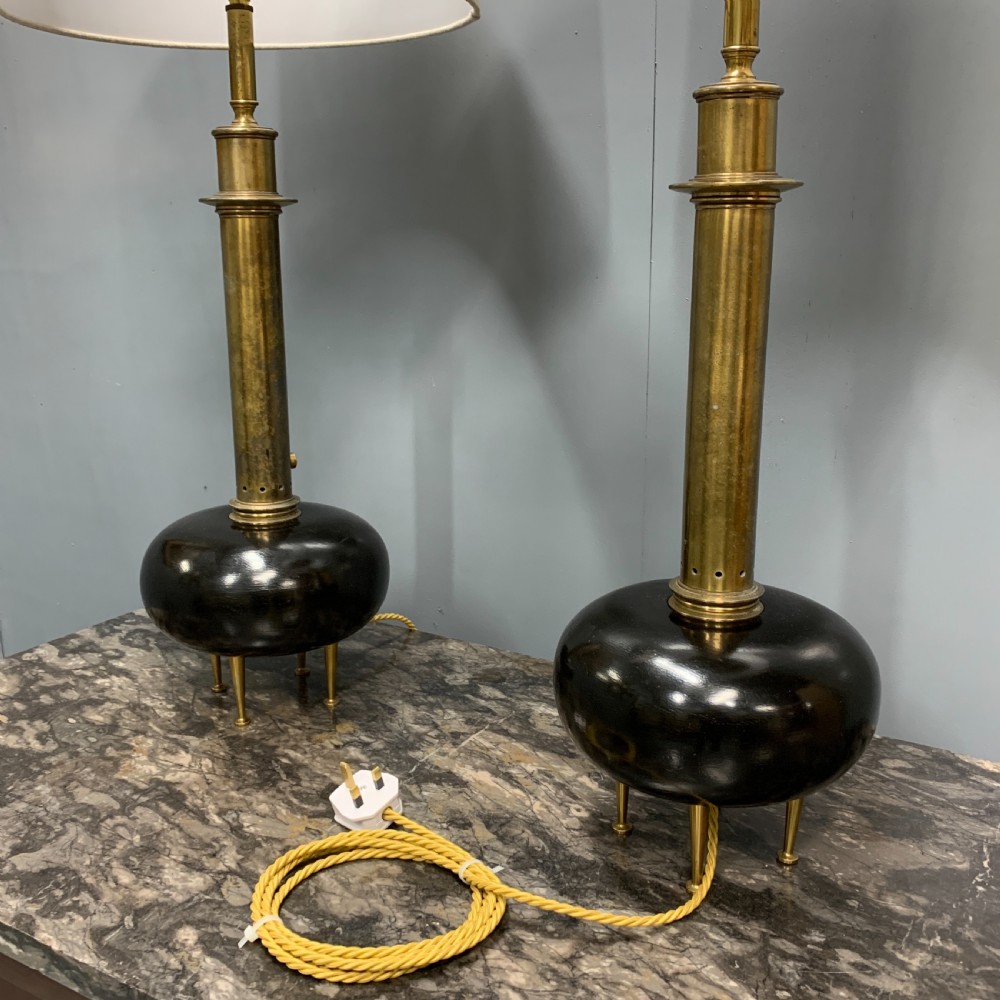Pair of bulbous ebonised and brass lamps  View V