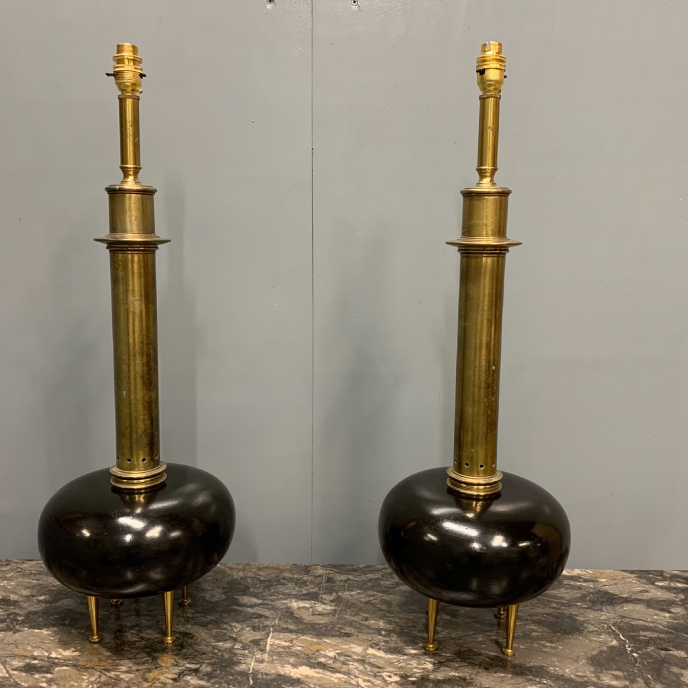 Pair of bulbous ebonised and brass lamps  View VIII