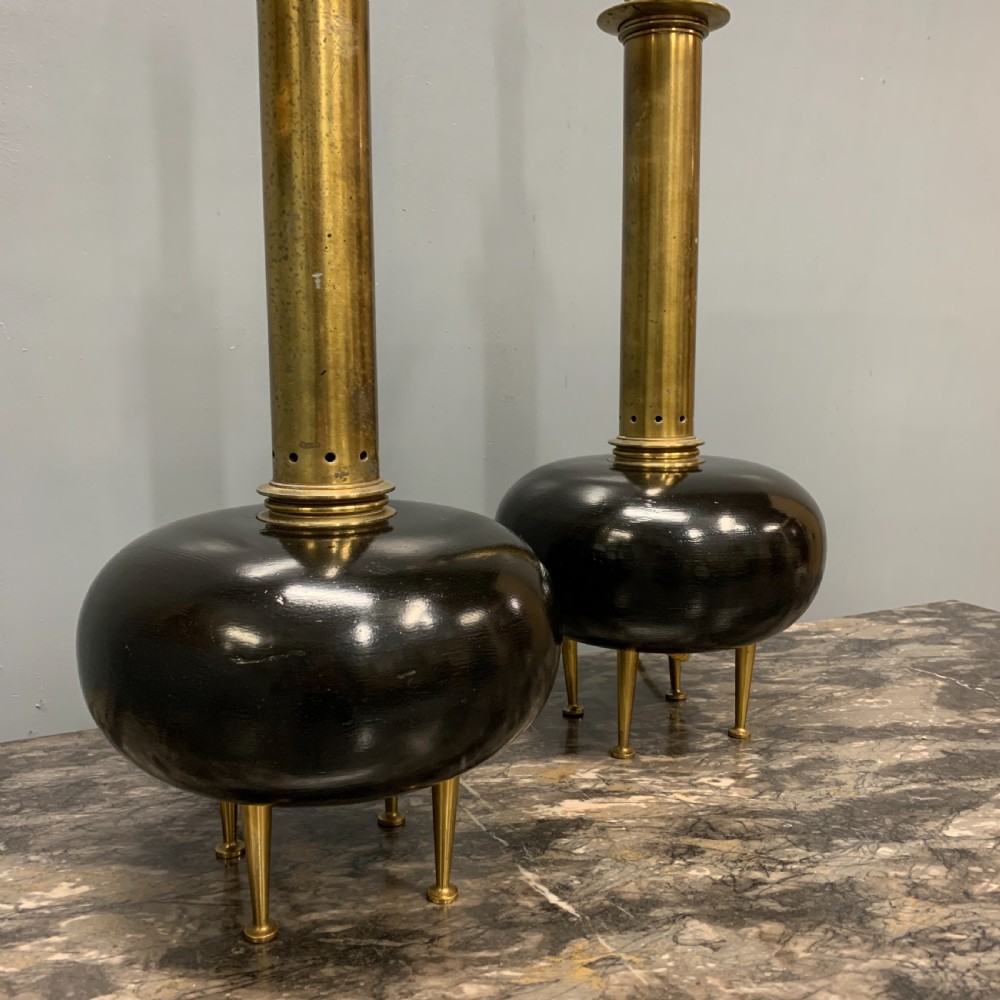 Pair of bulbous ebonised and brass lamps  View IX