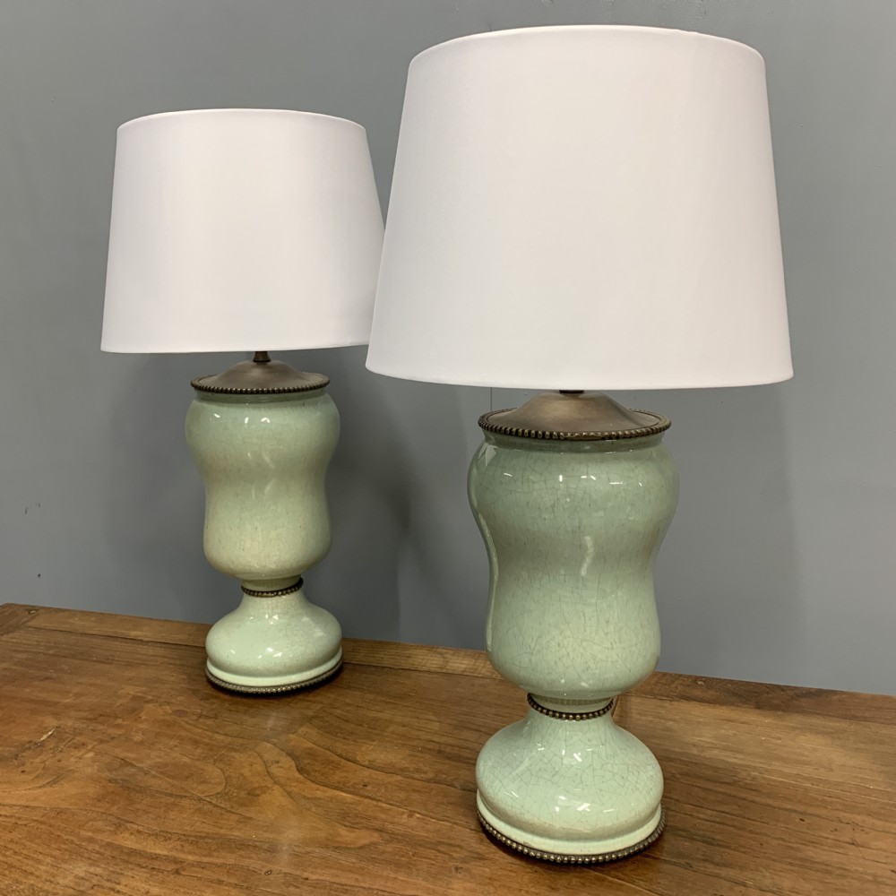 Pair of teal blue Art Deco ceramic lamps View III