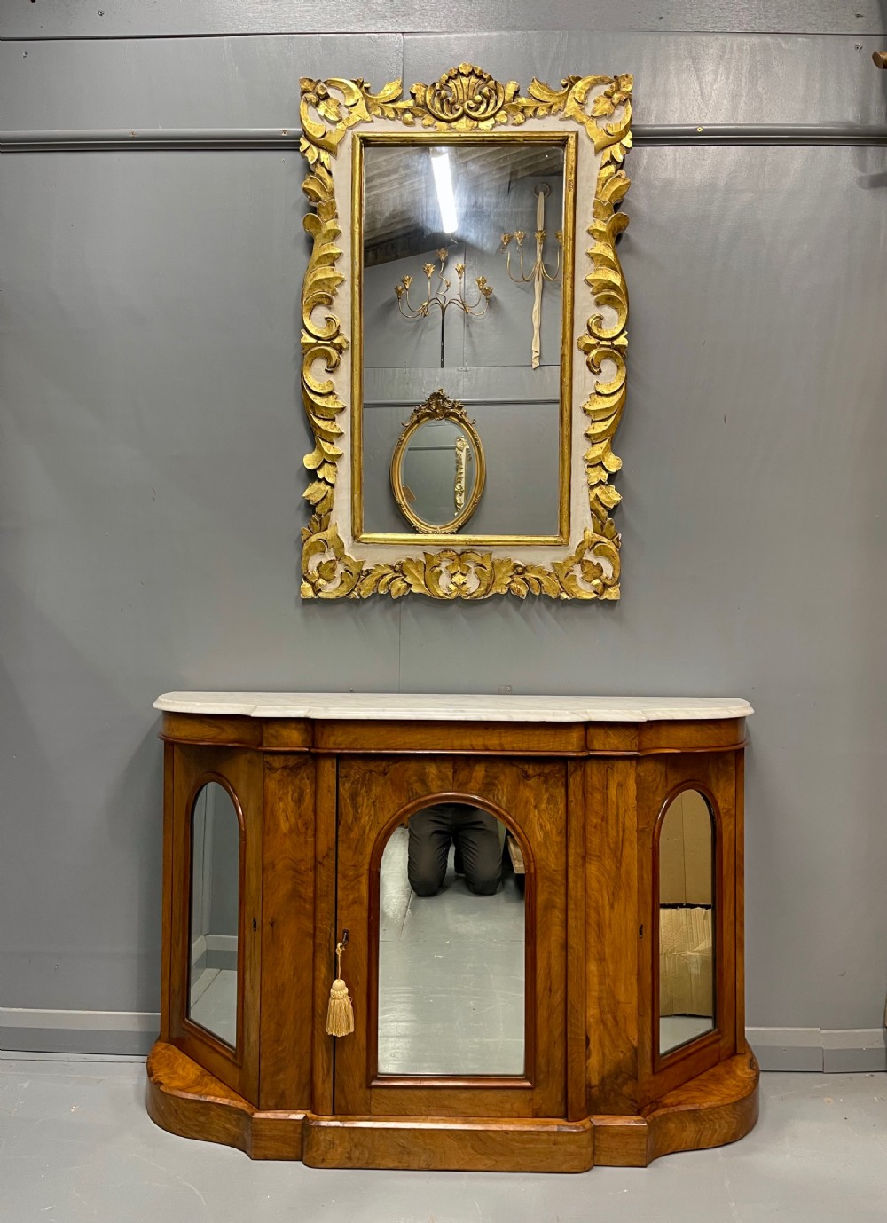 Burr walnut and marble top Credenza View III
