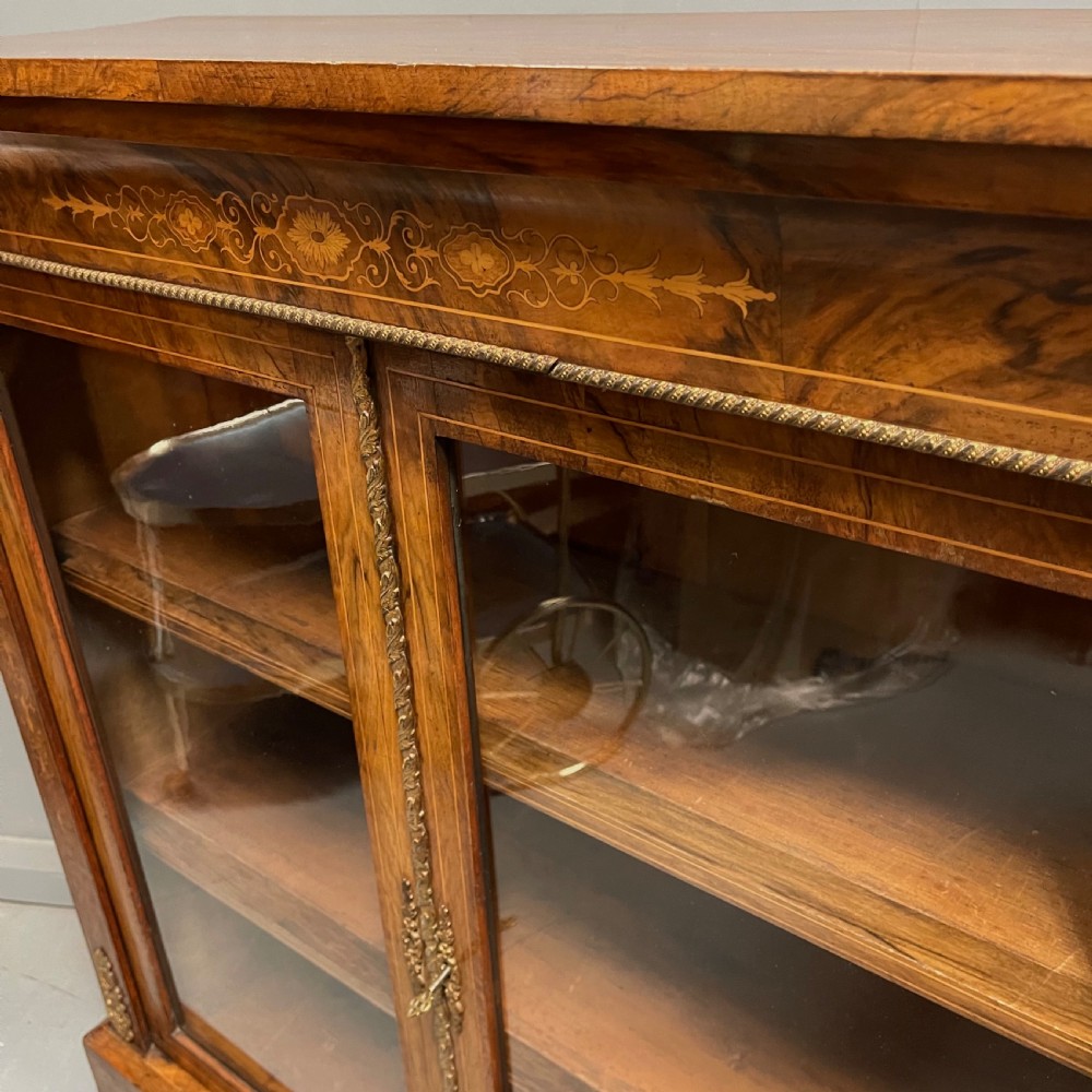 English walnut and marquetry glazed bookcase  View V