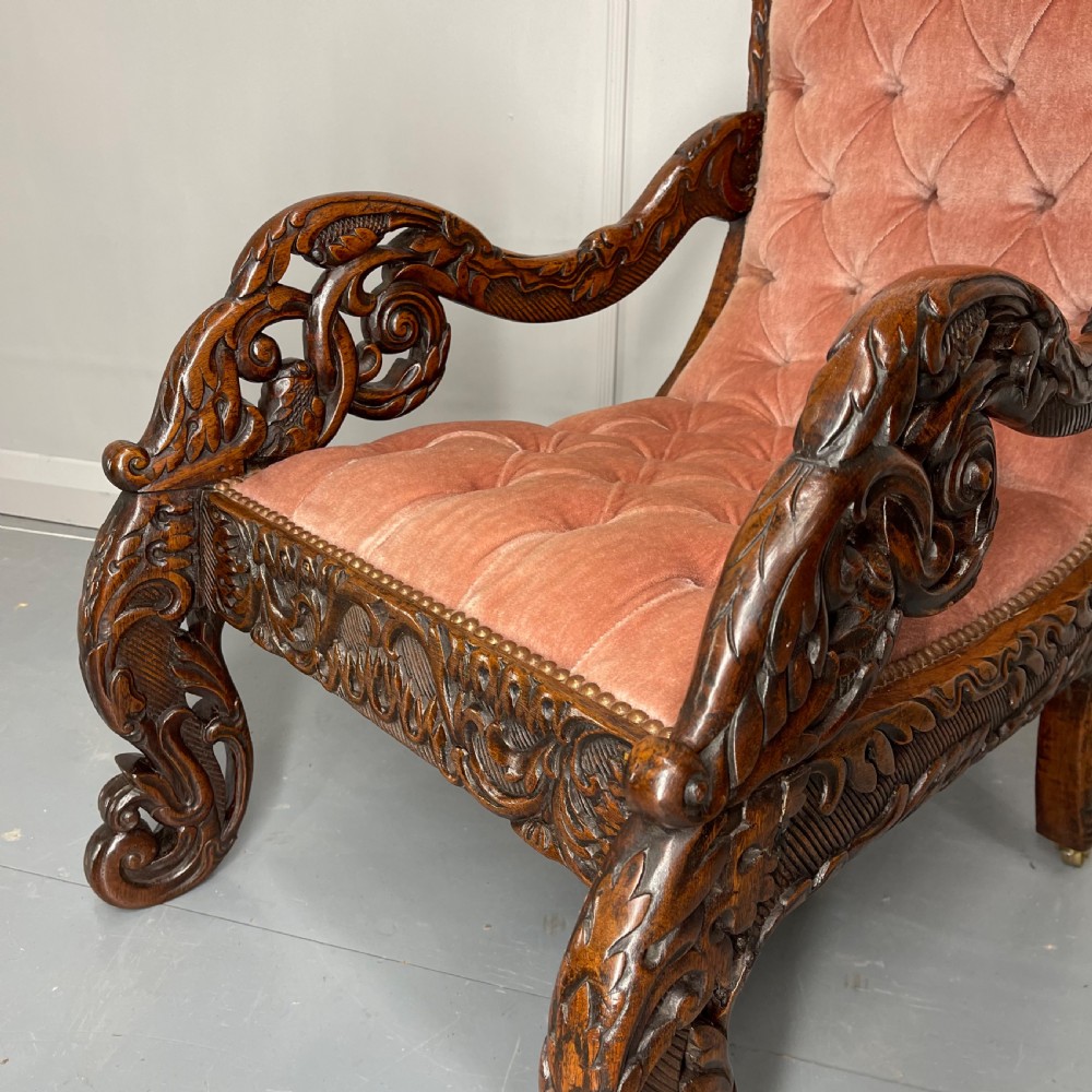 Carved walnut button back armchair View II