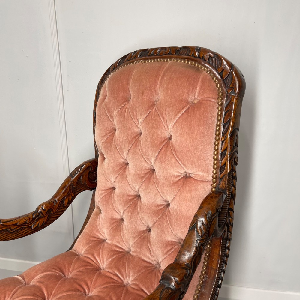Carved walnut button back armchair View III