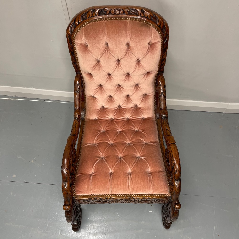 Carved walnut button back armchair View V