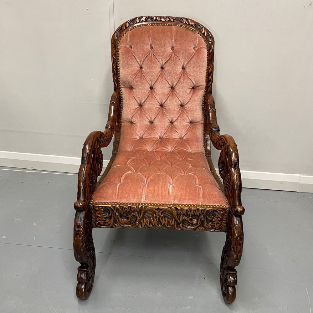 Carved walnut button back armchair View VI