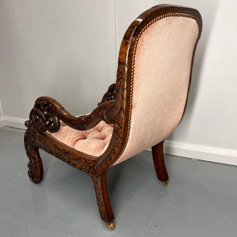 Carved walnut button back armchair View VII