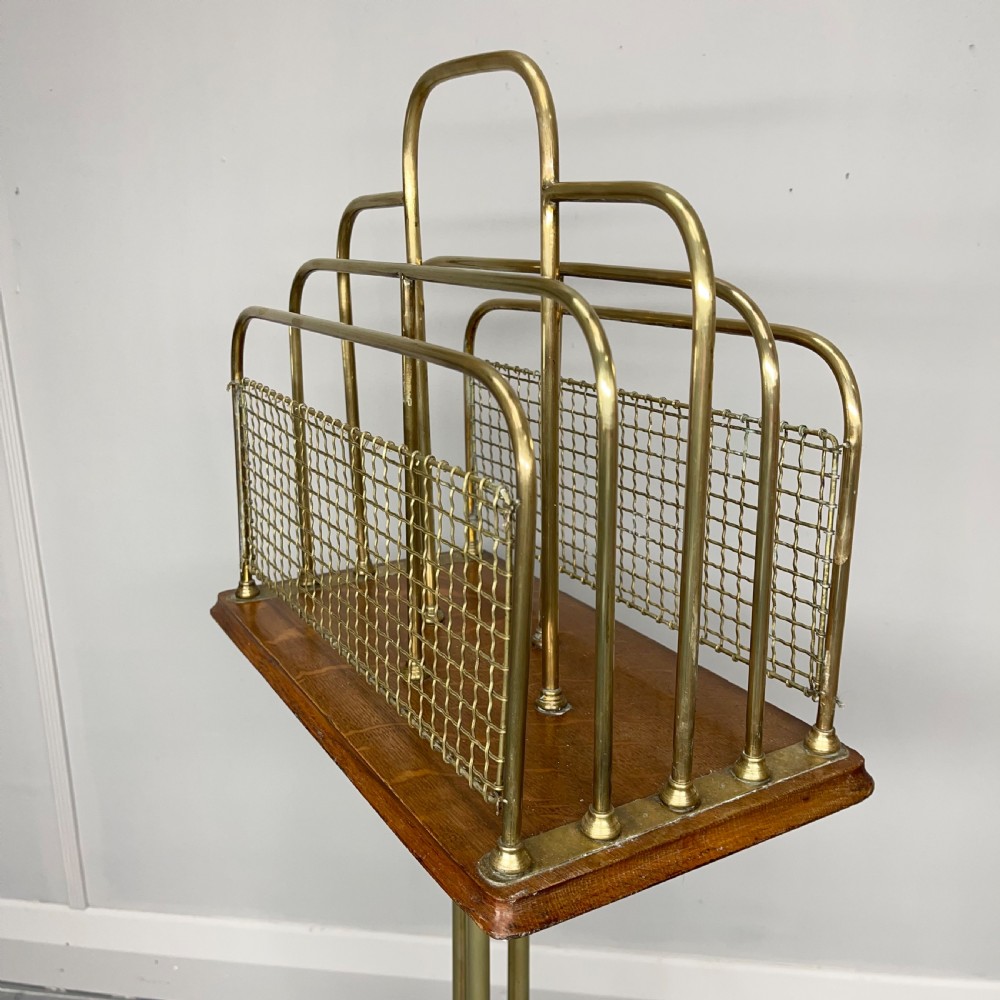 Brass and oak revolving magazine rack on claw feet View III